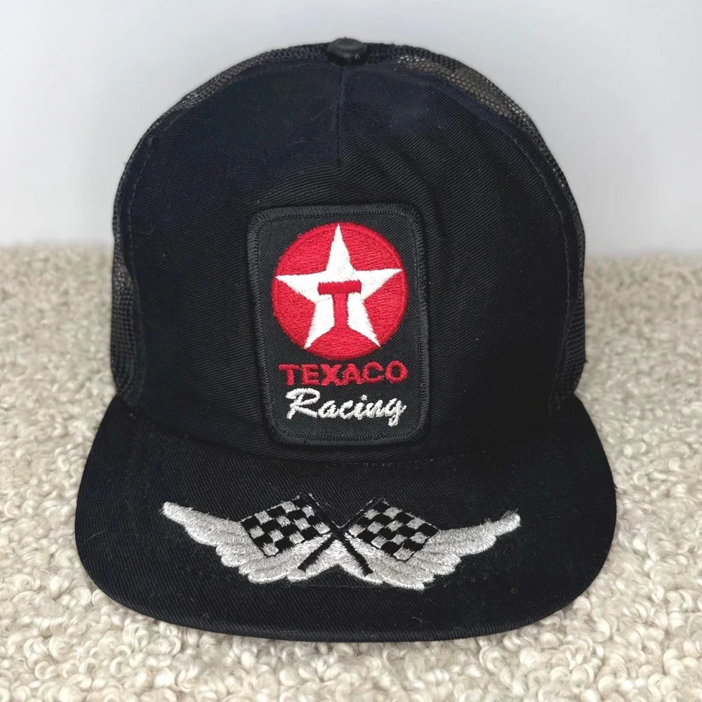 VTG 70s Texaco Racing Snapback Hat Challenger Cap Black Checkered Flag Wings USA